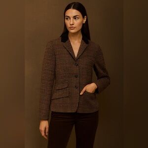 Chaps Wool Blend Brown Houndstooth Riding Jacket Blazer Tweed Corduroy Collar 10